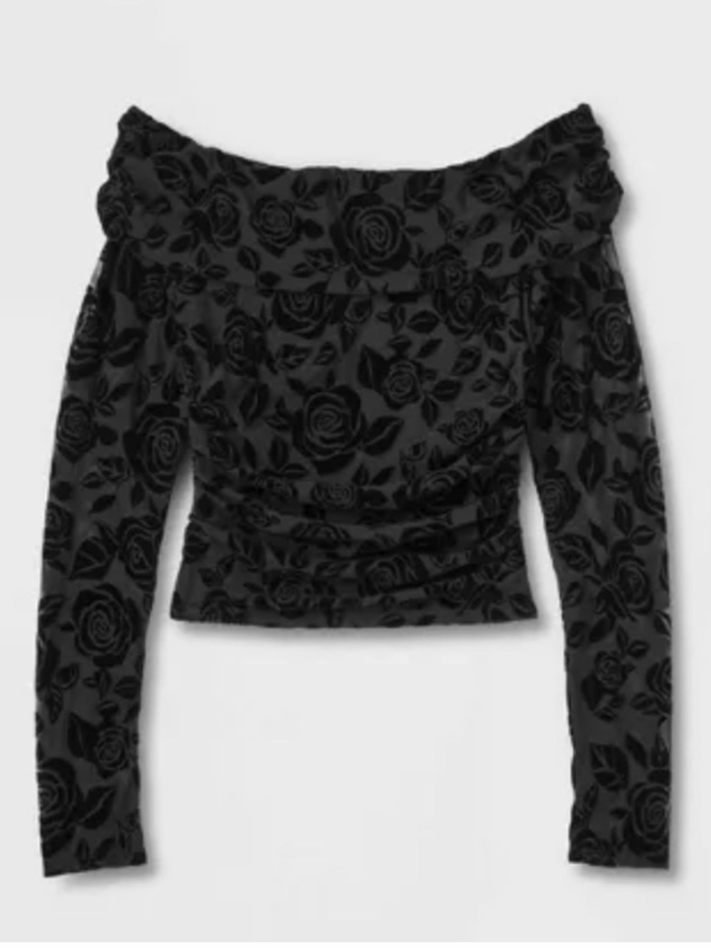 Black Off-Shoulder Floral Burnout Velvet Long Sleeve Top